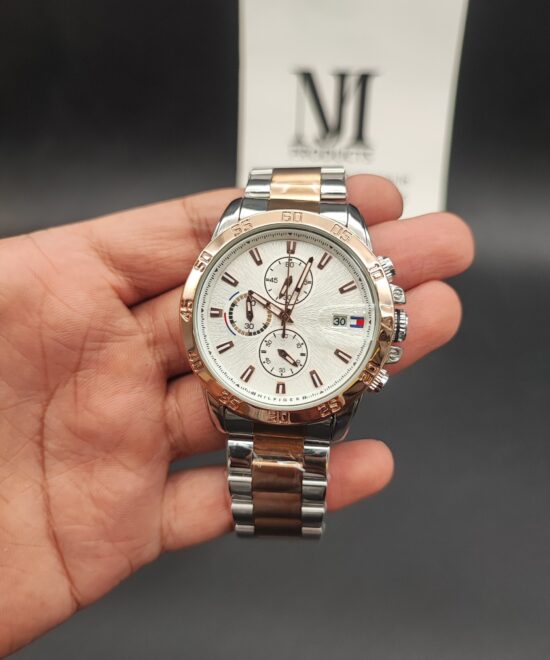 Tommy Hilfiger men's quartz chronograph watch with stainless steel bracelet link strap and blue dial face