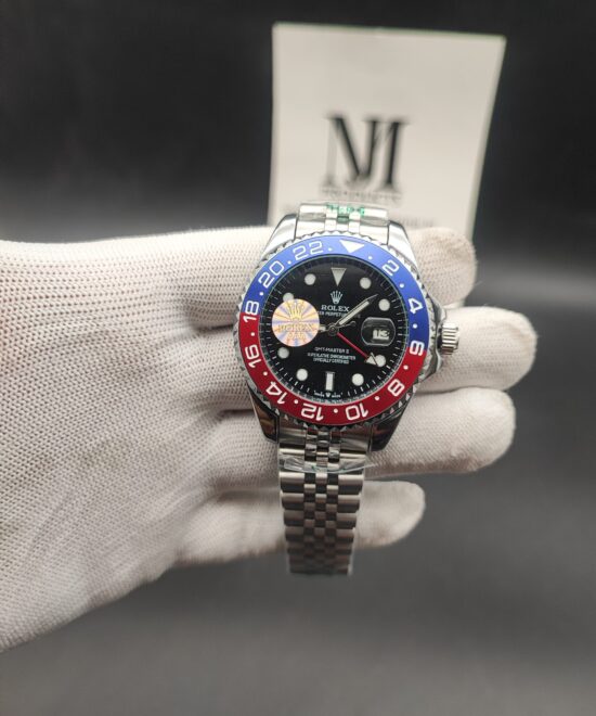 Rolex GMT-Master II watch with black dial, red and blue Pepsi bezel, date display, and stainless steel bracelet