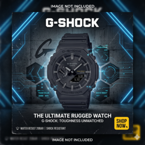 G-Shock promotional banner featuring two rugged watches, a Casio G-Shock Mudmaster with green strap and an all-black GA-2100 CasiOak on a industrial blue neon background with a Shop Now button