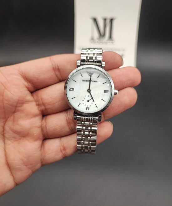 Emporio Armani women's watch with white dial, stainless steel bracelet, and elegant minimalist design