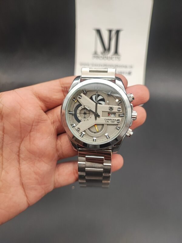 TAG Heuer Carrera Calibre 1887 men's chronograph watch with textured silver-grey industrial dial and stainless steel bracelet